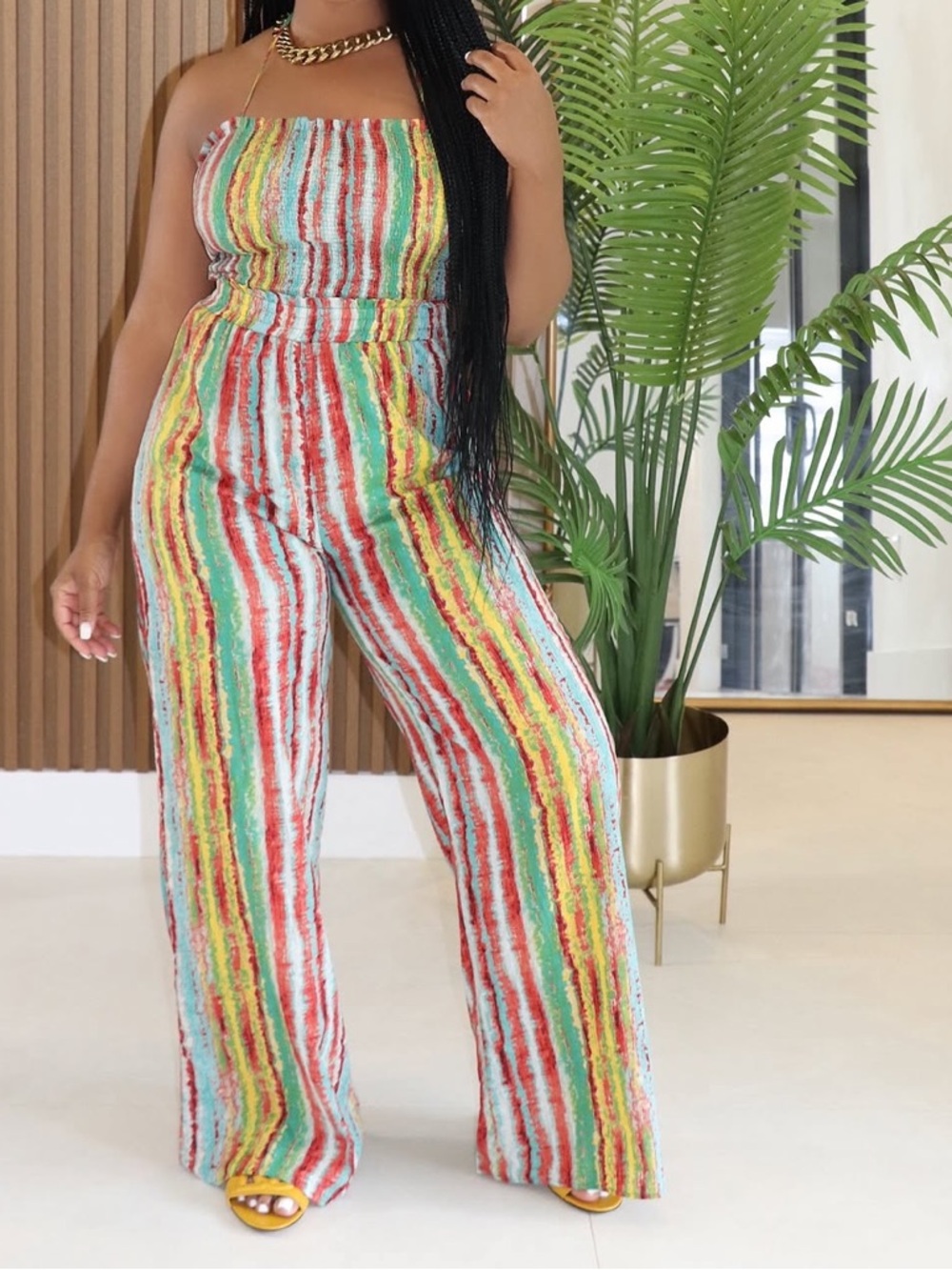 Striped Multicolor Strapless Wide-Leg Jumpsuit - Multicolor